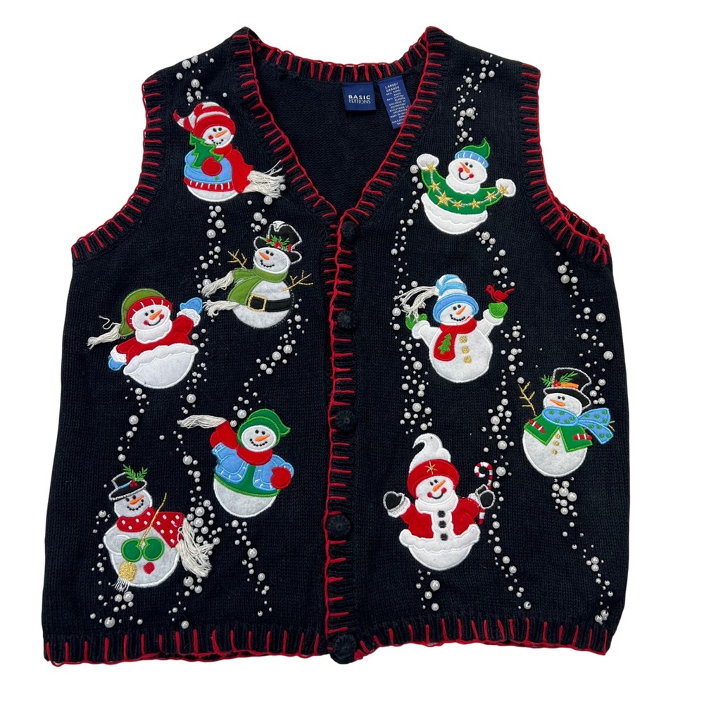 VTG Basic Editions Snowman Sweater Vest Women L Embroidered Embellished Applique